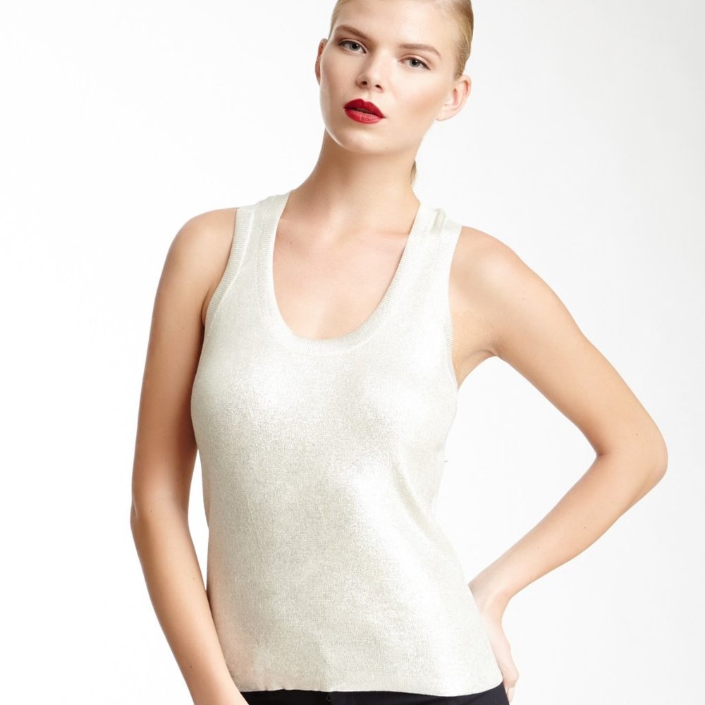 Robert Rodriguez Metallic Laminated Silver Ribbed Knit Coated Cocktail Tank Top